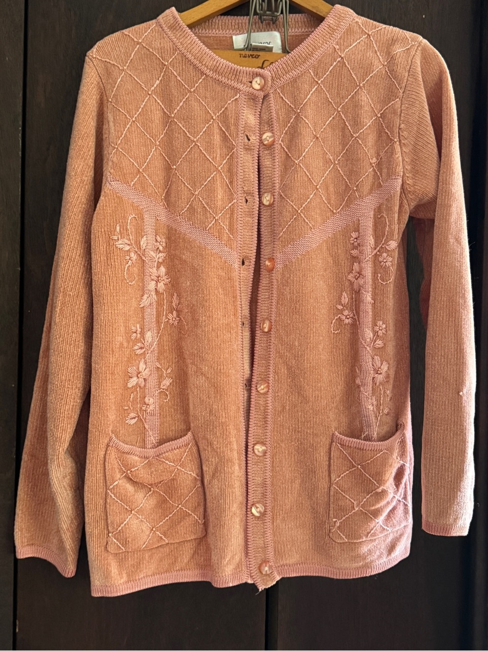 Sweet Vintage Jenny Embroidered Coral Pink Cardigan with baby pearls